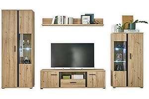 ‎STELLA TRADING KANADA Wohnwand Komplett-Set in Artisan Eiche Optik, Schwarz - Moderne Schrankwand mit Beleuchtung für Ihr Wohnzimmer - 340 x 196 x 40 cm (B/H/T)
