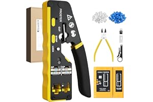 Proster RJ45 Pass Through Crimp Tool - 3 in 1 Cat6 Crimping Tool Kit for 8P CAT5/5e Cat6/6a & 6P RJ11 RJ12 with Cable Tester 50PCS Gold-Plated Cat6 Connectors & Protective Covers & 2 Spare Blades