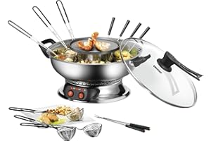 UNOLD 48746 Asia-Fondue - 1.950 W, für 6 Personen mit 6 Gabeln und Körbchen, mit abnehmbarer Grillplatte, Glasdeckel, Fonduet