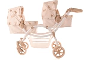 Teddy Twin Lyxig Dubbel Dockvagn & Tvillingvagn – 3-i-1 Design, Beige med Nallebjörnsmönster – Justerbart Handtag (50-88 cm) – Passar Barn 3-7 År