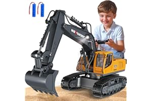 PENGBU RC Escavatore telecomandato telecomandato da 3 4 6 8 anni, 1:18 11 canali escavatore con telecomando, pala e luce LED, giocattolo escavatore cingolato per 3 4 6 8 anni, regalo di compleanno per bambini