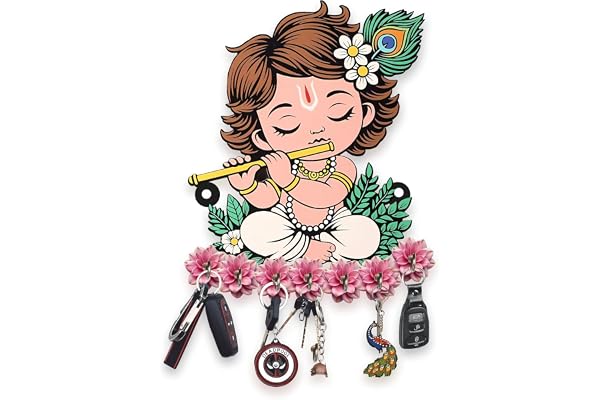 Webelkart Premium Wooden Key Holder for Home/Office Decor/Key Hanger for Wall Decor,Decorative Item for Home (Cute Krishna)
