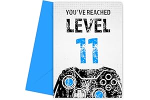 HEY CHIMP Gamer 11th Birthday Card for Boy - Black & Blue Reached Level 11 Bday Cards for Son, Great Grandson, Nephew or Brother. Gaming Happy Birthday Cards