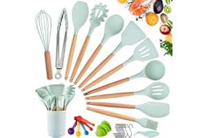 YUEHAO Utensili da cucina,Utensili da cucina in silicone in legno,Pentole antiaderenti,Manico in silicone di grado alimentare,Resistente ai graffi,con serbatoio di stoccaggio dell'acqua (verde)