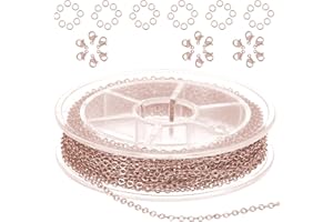 COMNICO 33ft(10m) Stainless Steel Jewelry Chain 1.5mm DIY Craft Links Supplies Findings for Making Necklace Earring Bracelet, Metal Cable Roll 20pcs Lobster Clasps 50pcs Jump Rings (Rose Gold)
