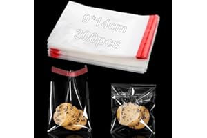 KINETOX Lot de 300 sacs en cellophane autocollants 9 x 14 cm - Sachets transparents à remplir - Petits sacs en plastique OPP - Fermeture pour biscuits, bonbons, chocolat, bijoux et boucles d'oreilles