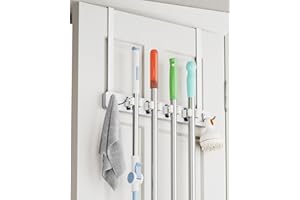 BS-VOG Portascope da Porta, Porta Scope con 4 Ripiani e 2 Ganci, Gancio Porta Scope in Legno Bianco, Organizzatore Attrezzi per Lavanderia per Armadio Garage