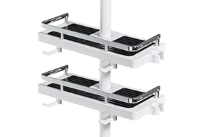 DUFU Duschstangen Caddy Aufbewahrungsregal Duschablage Kein Bohren mit Aufhängen Duschkopf Halterungen Zwei Haken und Multifunktions Duschkorb Passend für 21mm-25mm Duschschiene 2 Stück Weiß