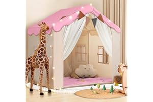 WIRHAO 2 IN 1 Kinderzelt, Kinder Spielhaus Indoor mit Matte und Lichtern, Kinder Bettzelt,Spielzelt für Drinnen,Prinzessin Zelt, Kinderspielhaus, Kuschelecke Kinderzimmer Dekor ab 3 Jahre pink