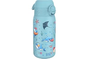 ION8 Butelka na Wodę dla Dzieci ze Lekki Stali, 400 ml/13 oz, Nieocieplany, Szczelna, Łatwa do Otwarcia, Bezpieczny Zamek, Można Myć w Zmywarce, Składany Uchwyt, Łatwa w Czyszczeniu, Rekiny