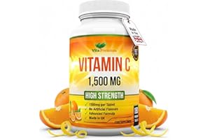 VITA PREMIUM Vitamin C 1500mg per Tablet, High Strength 180 Vegan Tablets, Food Supplement, 6 Month Supply - Made in UK