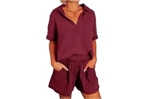 HAOLEI Ensemble Femme 2 PièCes Coton Et Lin Pas Cher Chic Et éLéGant Manches Courtes Chemise + Short avec Poche Ample Et Respirant Tenues D'éTé Costume De Loisirs