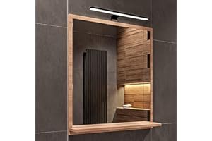 ‎HAJDUK FURNITURE Lustro Łazienkowe LED z Półką 60 x 70 x 12 cm, Sonoma, Prostokątne, Neutralne Światło 4000 K, Wodoszczelne IP44, Wiszące Lustro Ścienne Podświetlane, Obudowa LED Czarna