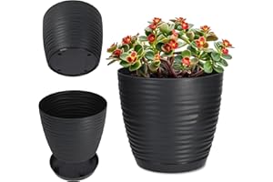 KADAX Pot de Fleurs en Plastique avec Soucoupe, Cache-Pot Moderne Ornée d'un Élégant Motif Ondulé pour Une Décoration Florale (Ronde, Anthracite, 17 cm)