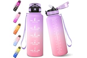 BARAMUMU Botella Agua, 1500ML Con Paja, Botella Agua Deporte, Cantimplora Motivacional con Marcador de Tiempo, Cantimplora Gimnasio, A Prueba de Fugas para Oficina, Yoga, exterior - Lila claro&Rosa claro