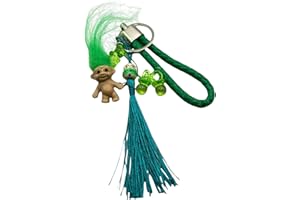 DAVACO Llavero Retro Amarillo Años 80 con Chinitos de la Suerte para Dinero, Trol de Cabello de Colores y Chupete Nostálgico – Accesorio Vintage para Revivir Momentos Inolvidables