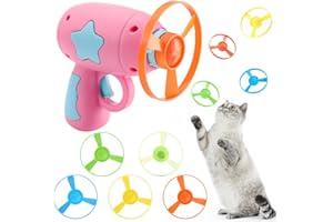 Miiepls Giochi Interattivi per Gatti, Volanti Colorate Giocattolo con 1 Lanciatore e 5 Dischi, Gioco Interattivo per Gatti Cani Animali Esercizio Addestramento Caccia - Rosa