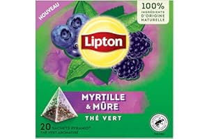 Lipton, Thé Vert, Thé Vert Aromatisé, Infusion à Froid ou Chaud, Goût Myrtille & Mure, Bien Etre, Ingrédients d'Origine 100% Naturelle, 20 Sachets Pyramid