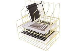 Simmer Stone Stackable File Tray, 3-Tier Paper Trays Plus Magazine Holder, Wire Desktop Organizer Rack Shelf for Letters, Documents, Folders and Books, Gold