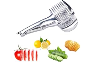 HYXODJY Coupe Pince Coupe Tomate Assistant Trancheur avec Manche Long Support à Pince à Fruit Rond Uniformément Alliage D'aluminium Facile à Trancher Kiwi Outils de Légumes Aide à la Coupe de Cuisine (Argent)