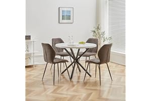DEYARNA HOME Essgruppe 5-Teilig, 100cm Runder Esstisch und 4 Leinen-Esszimmerstühle, Esstisch und Stühle für 4 Personen, 4 Stühle & Tisch für Küche, Esszimmer und Wohnzimmer (Weiß/Schwarz+Schwarz)