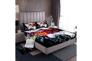 LOUSSIESD Set di lenzuola da gioco con stampa ad acquerello Gamepad set di biancheria Gamepad con angoli, 4 lenzuola, include 1 lenzuolo e 1 lenzuolo con 2 federe