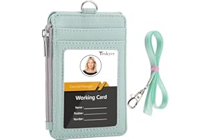 Teskyer Porta Tarjetas Identificativas, Tarjetero con Bolsillo con Cremallera, 1 Ventana de Identificación, Admite hasta 4 tarjetas, con Cordón, Cuero de PU, Verde Claro