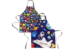 DECOWALL Kids Apron – 1 or Set of 2 Chef Aprons for Children Cooking, Baking, Painting & Crafting with Pocket & Adjustable Strap – Unicorn, Cupcake, Dinosaur, Space Designs