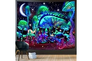 Rolin Roly Tapisserie Champignon Tapisserie Psychédélique Tapisseries Murale Plantes Lune avec 2Clips,3Nails pour Chambre Salon Dortoir Tissu Décor à la maison(150x130cm)