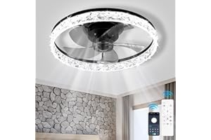 Finktonglan LED Ceiling Fans with Lights, Modern 50 cm Dimmable Bladeless Ceiling Fan 6 Speeds Bedroom Fan Ceiling Light Quiet Small Ceiling Fan Light for Living Room, Black