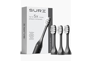 SURI Recyclable Plant-Based, Electric Toothbrush Heads - Built-in Tongue Scraper, Long Lasting Replacement Heads | Compatible Only with SURI Sonic Electric Toothbrush - Midnight Black, Pack of 3