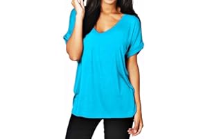 WearAll Women's New Plus Size Womens Short Turn Up Sleeve Baggy Plain Top Ladies V-Neck T-Shirt 8-22