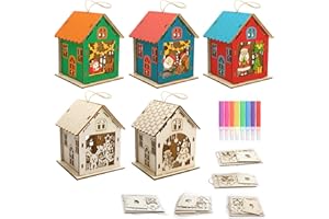 Lezehea 5 Pièces Bricolage bois pour Enfant Kit,Maison de Noël en bois et 8 stylos aquarelle,DIY Activité Manuelle Décoration, pour Décoration Sapins de Noël Fenêtres Portes Plafonds