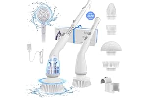 Spazzola Rotante Pulizia Casa, HiKiNS Spazzola Elettrica per Pulizia fili 8 in 1 con Impugnatura Regolabile per la Pulizia per Bagno/Cucina/Auto (115, Bianco_Grigio)