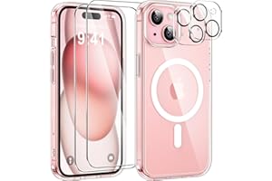 YisrLery Magnétique Coque pour iPhone 15 avec 2 Verres Trempés et 2 Caméra Protecteur, Compatible MagSafe Dos Anti Rayures Coque Antichoc TPU Bumper Coque iPhone 15 6,1’’-Transparent