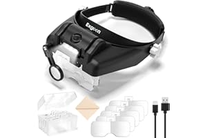 Exgoon Lupe mit Licht, 1- bis 14-fache Vergrößerung, Lupenbrille mit 6 abnehmbaren Linsen, freihändige wiederaufladbare Stirnbandlupe zum Modellbau, Lesen, Juweliere, Basteln (Schwarz)