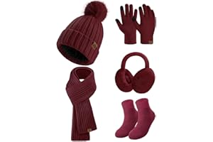 heekpek Conjunto Bufanda Gorro Guantes Orejeras Calcetines Mujer Invierno Cálido Moda Set de Bufanda Gorro Guantes Orejeras y Calcetines para Mujer Conjunto 5 Piezas de Punto
