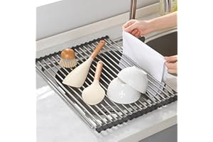 Laphontab Scolapiatti da Appoggio, Scolapiatti Pieghevole in Acciaio inox Sopra il Lavello della Cucina, Organizer Cucina Accessori & Tappetino Scolapiatti per Spugne, Tazza, Frutta, Verdura-Nera.