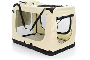 Fudajo Faltbare Transportbox für Hunde, Katzen XXL (90x60x64cm), robust, leicht, sicher, Hundebox mit Tragegriff und Decke, Beige