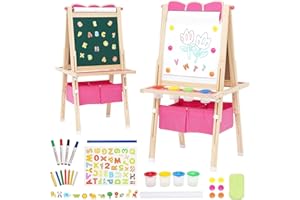 Siairo Lavagna per bambini, Lavagna con Cavalletto Bambini in legno, Disegno dell'arco regolabile in altezza, per bambini, con Rotolo di carta Giocattoli Educativi 3+ Anni (Rosa)