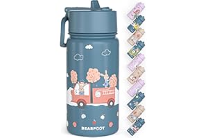 BEARFOOT Trinkflasche Kinder Edelstahl mit Strohhalm - Thermosflasche 400ml - BPA frei - auslaufsicher - Kleinkinder, Mädchen & Jungen Wasserflasche für Schule, Kindergarten (Blau - Feuerwehr)