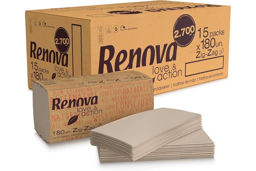 Renova Toallas Secamanos Zig-Zag Love&Action | 15 Paquetes de 180 Unidades | 2.700 unidades | Papel Kraft Ecológico 2 Capas |