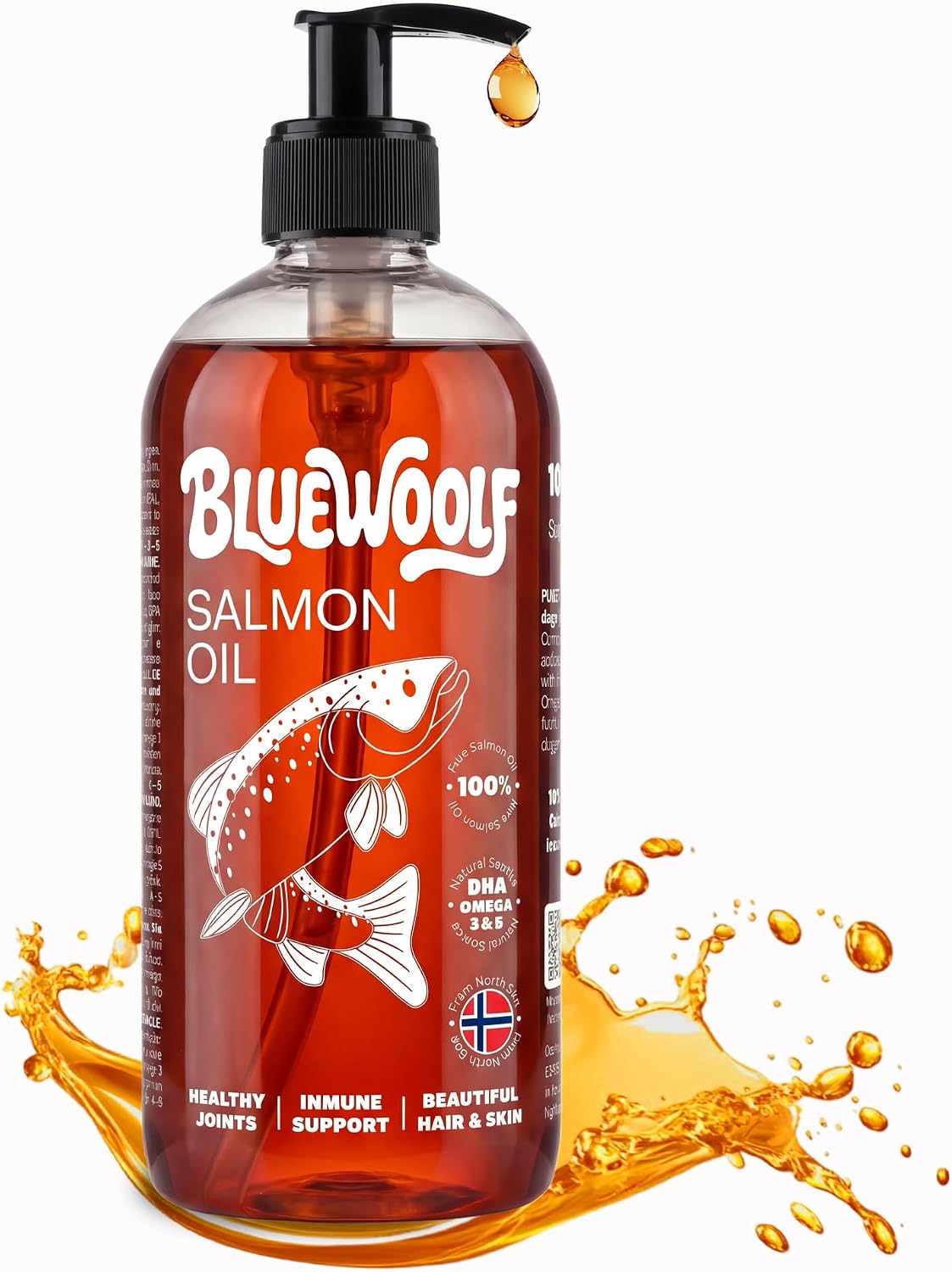 Aceite de Salmon Perros y Gatos 250ml con Omega 3 para Mejora Piel y Pelo Articulaciones y Sistema Inmunitario Salmón para Pienso, Barf y Comida Húmeda Oil for Dogs BlueWoolf