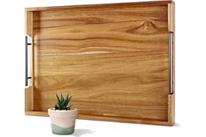 OurMiao 22 Inches Acacia Wood Serving Tray with Metal Handles, Large Wooden Rectangle Ottoman Tray, Decorative and Durable Design for Living Room Coffee Table Couch Sofa