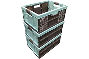 keeeper 3 x 32 Litre Extra Strong Folding Plastic Stacking Storage Crates Box - 30KG LOAD CAPACITY PER BOX - SOFT HANDLES, Blue/Brown
