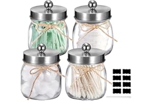 Aiuuee Lot de 4 Boite Coton Tige, Rangement Coton Verre avec Couvercle, Distributeur Coton Tige Porte Cotons Démaquillants, Boîtes et Flacons de Salle de Bain(Argent)