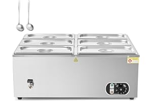 WILPREP Bain Marie Food Warmer with 6 Pans and Lids, 36L 1500W Commercial food warmer 6 Set for Catering Restaurants Parties and Weddings, Stainless Steel buffet server with Adjustable Temperature