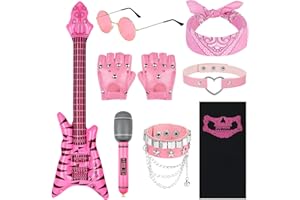BSBUY Disfraces de Rock Accesorios, Kit de Rockero de Punk Gotico de Años 80 para Niños, con Guitarra y Micrófono Inflable, Gafas de Sol, Bandana, Guantes, Pulsera, Collar, Bufanda de Calavera
