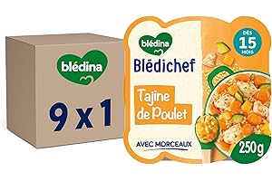 Blédina - Blédichef - Repas Bébé 15 Mois - Plat Bébé Tajine de Poulet Citron Coriandre - Petits Morceaux - 100% Ingrédients d'Origine Naturelle - Dès 15 Mois - 1 Assiette de 250g