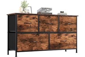 ‎SOMDOT Somdot Kommode mit Schubladen, Stoffkommode, Kommode für Schlafzimmer Wohnzimmer Flur, Komodenschrank Schubladenschrank Aufbewahrungsschrank, 5 Stoffschubladen, Holzmaserung